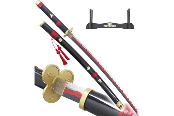 One Piece Katana Tout en Bois Lame en Bois Katana Enma Black Sabre en Bois Epee Zoro Epee Meito + Support en Bois