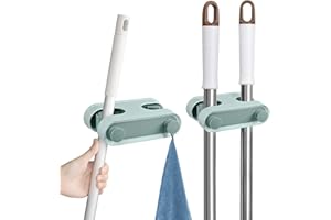 NAKIYO Broom Mop Holder,2 Pcs Wall Mounted Broom Holder, Self Adhesive Kitchen Cupboard Organiser & Home Organisation, Utility Makeup Brush Holder Bathroom, Laundry, Kitchen, Garden, Garage-Green