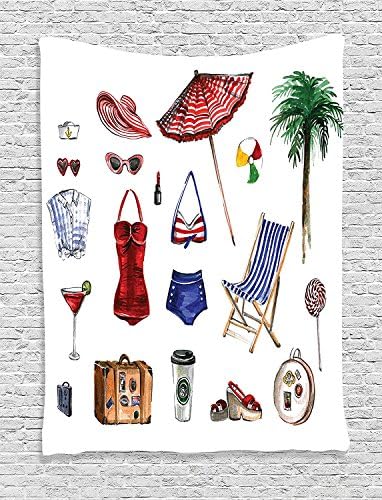 XHFITCLtd Girly Decor Tapestry Wall Hanging, Nostalgic Female Beach Fashion Objects Solar Summer Hot Travel Adventure Palms Concept Picture, Bedroom Living Room Dorm Decor, 60 x 80 Inches, Multi