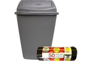 KMJ Large Kitchen Bin 50L with 50L Bin Bags (50 Pack)- Convenient & Durable Waste Bins with Swing Lid– Perfect Trash Bin for Kitchen, Office, Bathroom and Home– Space Saving Black Bins- Grey 1 Pack
