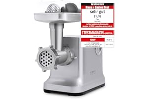 ‎CASO Caso FW2000 Elektrischer Fleischwolf, inkl. Spritzgebäck, Aufsatz 800 W nominal, 2000 W locked, ca. 2kg/ Minute, Alu Guss Gehäuse, starker Motor, Silber