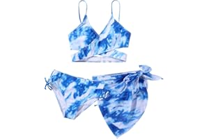 Naiyafly Girls' 3-Piece Swimsuits Bikini Set with Criss Cross Back, Adjustable Straps, Floral Print, Red, Blue, Green, Sizes 9-13 Years