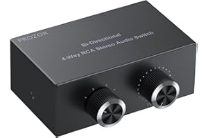 PROZOR Audio Switch Stereo Bidirezionale L/R RCA a 4 Vie con Controllo del Volume 4(1)-In-1(4)-Out Commutatore Bidirezionale Audio Stereo L/R con 1.5 m Cavo Stereo per Lettore CD Altoparlante Stereo