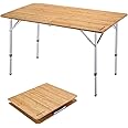 KingCamp Bamboo Folding Table Camping Table with Adjustable Height Aluminum Legs Heavy Duty 176 lbs 2-Folds Portable Camp Tables for Travel, Picnic, Beach, 6 People