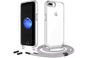 Anshow Handykette für iPhone 7 Plus / 8 Plus Hülle mit Band + 1 Schutzfolie, Robust Necklace Extrem Stoßfest Handyhülle Transparent Schutzhülle zum Umhängeband Abnehmbar, Grau