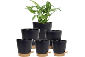Homeuouz 6 Pack Self Watering Plant Pots Indoor-20/17.5/16.5/15/14/12.5CM Plastic Flower Pots with Drainage Holes, Saucer & Reservoir, for House Plants, Herbs & Succulents, Black