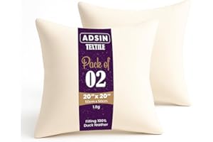 adsin White Duck Feather Cushion Inserts 1 Pack 20" x 20" (50cm x 50cm), Feather Cushions, 100% Down Proof Cotton Cover, Machine Washable Square Cushion - Pack of 1