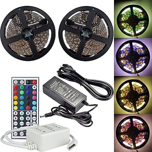 TN Cow LED Strip Lights Kit 32.8ft/10M Flexible Waterproof IP65 3528 RGB 600 LEDs 12V Light RGB LED Strips Lighting With 44key LED IR Remote Controller and DC 12V 5A Power Adapter Supply for DIY Party Decoration, Home, Kitchen, Gardens, Cars, TV Backlight, Decoration and Indoor Outdoor Use