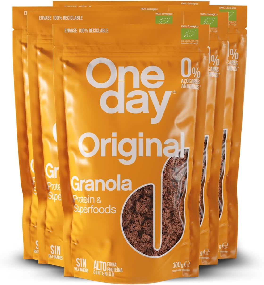 ONE DAY Granola Ecologica, Sin Azucares Añadidos, Alto en Proteína con Superfoods, Altro en Fibra, Pack 6 x 300g (Original, Pack 6 unidades)