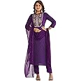 GoSriKi Women's Cotton Blend Straight Embroidered Kurta with Pant & Dupatta