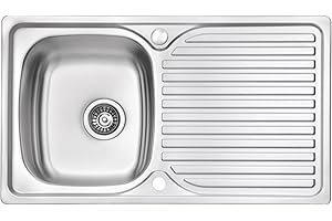 JASSFERRY Stainless Steel Kitchen Sink Single 1 Bowl Inset Reversible Drainer with Waste Pipes Clips, 860 x 500 mm