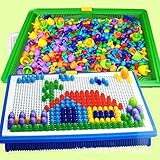MMRM 296Pcs DIY Mushrooms Nails Beads Building Jigsaw Puzzle 7 Color Flashboard Educational Toys for 3 Years Above Kids
