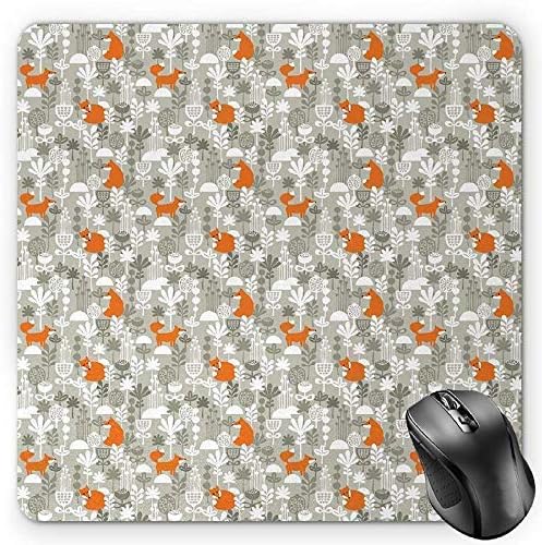 Fox Mouse Pad, Orange Silhouettes in Winter Forest Hand Drawn Style Flowers and Herbs Gaming MousePad Office Mouse Mat Orange Pale Grey and White