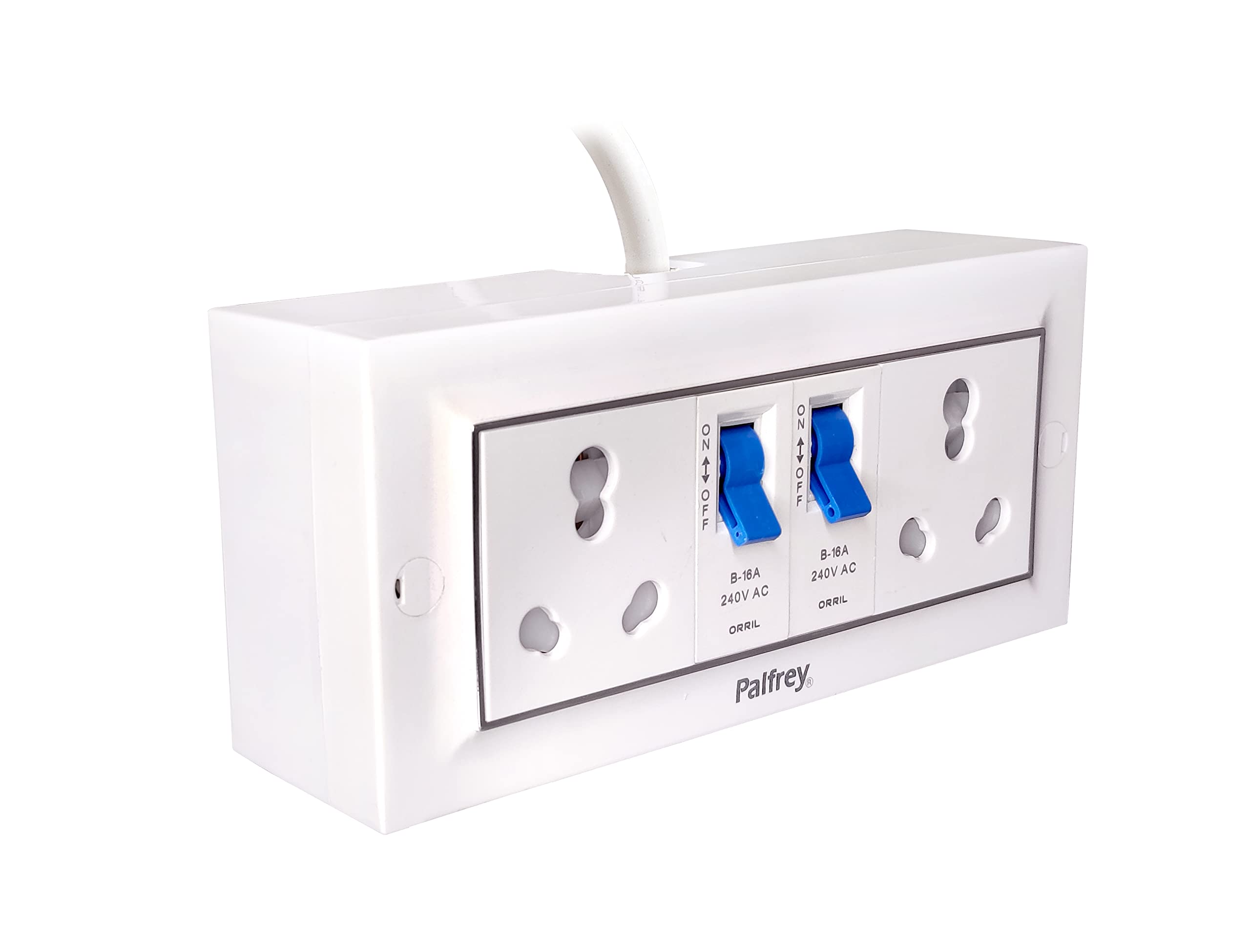 Palfrey Extension Board - Two 16A Socket with Safety Shutter & Two 16A MCB Switch | 16A 3 Pin Plug with Indicator | 2.5 sqmm 3 core Cable | White Color | 2 Meter (3000W - 2.5MM Cable, 2 Meter)