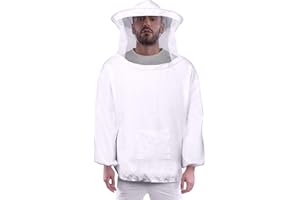 Flexzion Veste blouson apiculture haute qualité avec capuche grillage voile de protection - Tunique vareuse pour apiculteur à enfiler haut de gamme apiculteurs débutants et professionnels - L Blanc