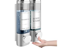 MEKOTRIN Distributeur de Savon Mural, Distributeur Gel Douche, Distributeur Double de Shampoing et Après-shampoing sans Perçage ABS pour Salle de Bain Cuisine Marché Hôtel Restaurant 300ML*2(Argent)