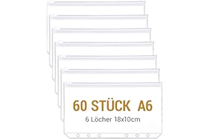 Donvuka 60 Stück A6 Binder Taschen Pockets, PVC 6-Loch Reißverschluss Ordner, Wasserdicht Kunststoff Bindertaschen, Transparent Geld Budget Umschläge, Budget Planer Zubehör für Binder A6