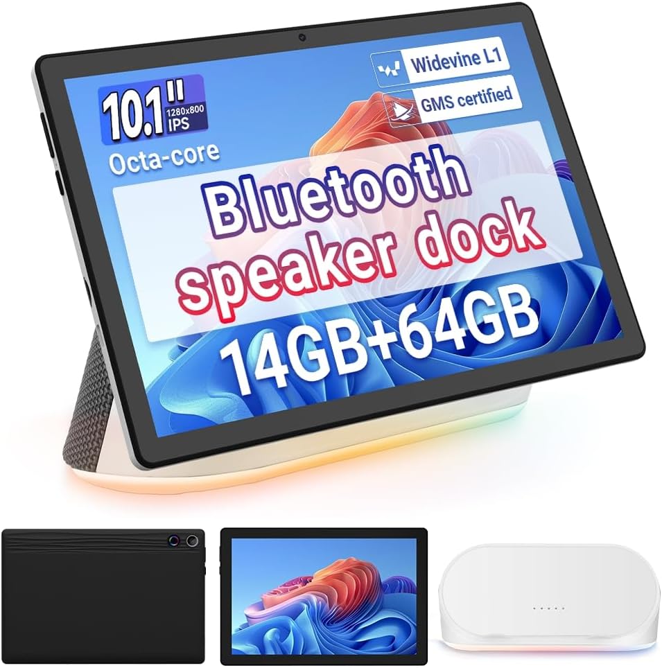 Whitedeer Tablet con Base Altavoz Bluetooth, Tablet 10 Pulgadas Octa-Core, Carga inalámbrica, 14GB RAM + 64GB ROM + 1TB Memoria Ampliable, Tablet Android 1280×800 P, 5 MP+8 MP, 5000 mAh