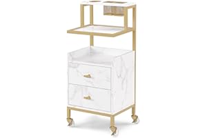 ‎BARBERPUB Barberpub Rollwagen Servierwagen, Friseurwagen mit Rollen & 2 Schubladen, Salon Trolley mit 2 Ablagen & Föhnhalter, Moderner Arbeitswagen für Bad Wohnzimmer, 0029 (Weiß-Gold)