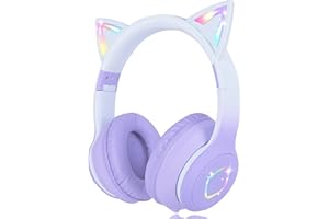 Usoun Słuchawki Bluetooth dla dzieci, światło LED, bezprzewodowe słuchawki z mikrofonem, karta TF, składane słuchawki nauszne Bluetooth, stereo, dla dzieci, chłopców, dziewcząt (szary fioletowy)