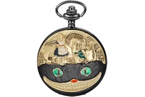Tiong Orologio da taschino Alice nel paese delle meraviglie con numeri romani, al quarzo, con catena, regalo di Natale e compleanno