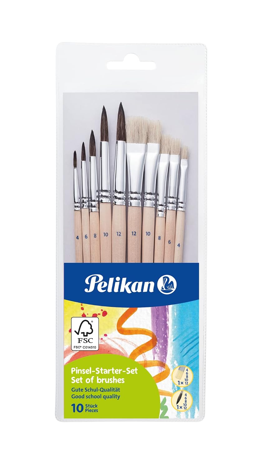Pelikan Pinsel Starter-Set mit 5 Haar- und 5 Borstenpinseln, für die Schule, 10 Stück | 5 Haarpinsel, 5 Borstenpinsel, Für die Schule