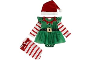 Kouoybt Infant Baby Girls First Christmas Outfit Elf Costume Dresses Long Sleeve Striped with Hat Set 2 Pcs Christmas Set