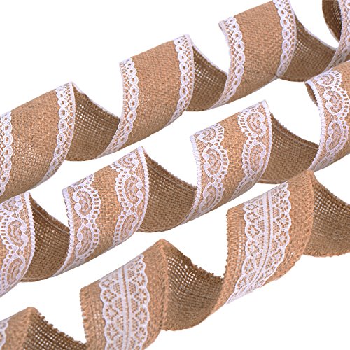 eBoot 3 Stück Natürlich Leinen Band mit Weiß Spitze für DIY Handgemacht Hochzeit Handwerk Spitze Leinen, 78,7 Zoll pro Stück - 3