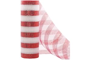 CCUUHJ Red and White Stripe Metallic Mesh Ribbon 10 inch x 10Yard Iridescent Silver Foil, Christmas Ribbon for Wreath Swags and Christmas Tree Decoration (Red)