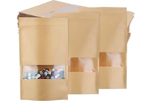 TsunNee Kraftpapier aufrecht stehende Lebensmittelbeutel, Kraftpapier-Lebensmittelaufbewahrungstüten, wiederverwendbare Druckverschlussbeutel Verpackungsbeutel (50, 18 x 30 cm)