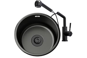 NOYHHAV Fregadero Redondo Negro para Baño Piscina De Renovación De Cocina Redondo Fregadero Individual Pequeño Lavabo y grifos extraíbles Lavado De Verduras Y Lavavajillas (color：Juego Negro,30cm)