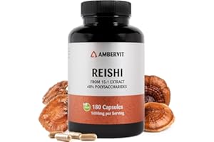 Reishi Pilz Extrakt 180 Kapseln - 1400mg - 40% bioaktive Polysaccharide (Entspricht 21.000mg Reishi Pilz) | 3 Monate Vorrat | Ganoderma Lucidum | Vegan, Allergen und Gluten Frei | Ambervit