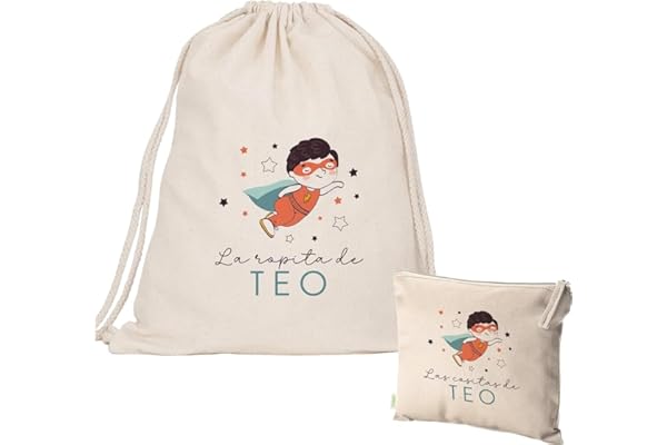 EVYRE | Pack Bolsa y Neceser | Mochila Infantil Personalizada Con Nombre | Mochila Niña/o + Neceser Bebe Guarderia | Mochila de Cuerdas Niño/a Algodón Orgánico | Bolsa Merienda Infantil | Heroe