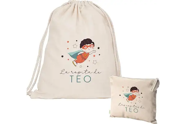 EVYRE | Pack Bolsa y Neceser | Mochila Infantil Personalizada Con Nombre | Mochila Niña/o + Neceser Bebe Guarderia | Mochila de Cuerdas Niño/a Algodón Orgánico | Bolsa Merienda Infantil | Heroe