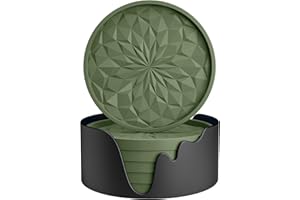 STLIAN Silicone Coasters with Holder,[6 Pack] Drinking Coasters - Cup Mat for Hot or Cold Drinks, Thickened, Non-Slip, Non-stick,Deep Tray Olive Green