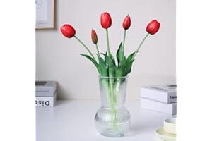 WAKISAKI 40 cm alta qualità finti tulipani artificiali realistic tocco reale, stelo flessibile, tulipano fiori artificiali facili da modellare (senza vaso), set da 5, Rosso Passione