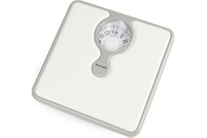 Salter 484 WHKR Pèse-personne mécanique avec loupe, Balance sans piles de salle de bain en kg, Capacité maximale 133 kg, Balance personnelle compacte, Cadran analogique facile à lire, Blanc