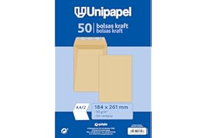 Unipapel - Pack 50 Sobres Papel Kraft 90g, 184x261mm, Bolsa Cierre Recto con Tira Autoadhesiva Silicona Autodesk, Apertura Superior, Elegante Papel Verjurado, Ideales para Documentos de Oficina
