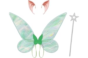SINSEN Feenflügel Erwachsene Feenflügel Kinder, Fairy Wing Für Mädchen Damen Mit Elfenohren Zauberstab Halloween Karneval Fee Cosplay Kostüm Sich Kostümieren (Grün Flügel Set)
