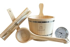 Saunaloft Premium bastu tillbehörsset av tallträ, 5 delar med trätimer 3 L, plastinlägg, bastu 36 cm, timglas 15 min, termohy