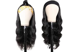 Dan&Dre Peruka z kręconymi falami dla kobiet, modna, regulowana opaska na czoło, szalik, peruka z włókna wysokotemperaturowego, peruka z damskimi opaskami na czoło, afro, długa, czarna peruka