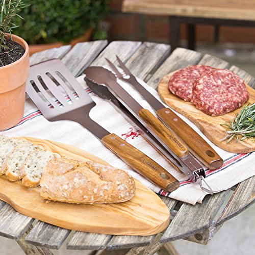 Edelstahl Grillzubehör-Set 5 tlg. von Springlane Selection bestehend aus Echtholz Grillbesteck-Set (Grillzange + Fleischgabel + Grillwender), Grillbürste und Grillplatte - 6