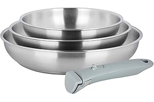 Sitram 716942 Lot de 3 Poêles 100% Acier Inoxydable ARPEGE Ø 20,24,28 cm Ext. Miroir - Cuisine saine car SANS Revêtement Anti-adhésif nocif - manche amovible SITRAMOVIBLE - Tous feux dont Induction