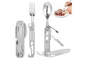 Ixydor Outdoor Camping Utensil Zastawa stołowa, Sztućce ze stali nierdzewnej 5 w 1 składan,100% bezpieczne dla żywności,przenośny zestaw sztućców ze stali nierdzewnej do podróży, z etui ze sznurkiem