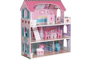 HYGRAD BUILT TO SURVIVE Wooden Play Doll House With Accessories & Furniture Role Play Doll House 4 Designs Christmas, Birthday Girls Gift (Design 1)