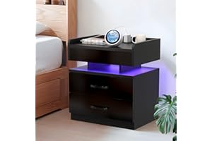 Lvhecforhm Nachttisch mit Ladestation, Nachtschrank mit Steckdosen und USB Anschlüsse, Nachttisch mit LED Licht 16Farben Beleuchtung, Nachttische mit Offenen Fächern Hochglanz Front,Nachttisch Schwarz