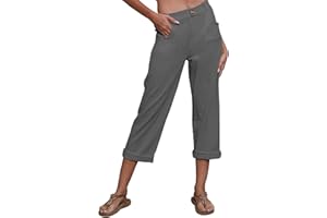 Yutdeng Pantaloni Cottone Lino Donna Pantaloni Estivi Leggeri Pantalone Elegante con Bottone e Tasche Pantaloni Comodi Larghi Gamba Dritta (Corti da 3/4)