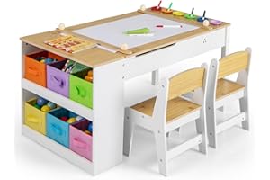 Maxmass 2-in-1 Kids Art Table and Chair Set, Children Lift-top Wooden Craft Table with Open Shelf, Paper Roll, 6 Storage Boxes, Toddler Play Tables for Drawing Learning (Wooden, 6 Cups with Cover)