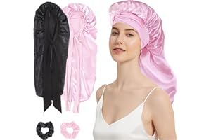 ZIDOLEY 2 Stück Seidenhaube zum Schlafen Lange Haare, Schlafhaube Seide mit Haargummi, Satin Haarhaube für Die Nacht, Verstellbare Silk Bonnet Seide, Geeignet für Langes Haar (Schwarz + Pink)