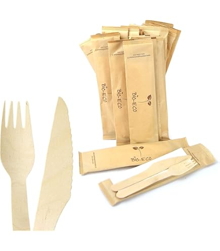 Posate USA E Getta In Legno - 50 Set Con Forchetta, Coltello E Tovagliolo, Eco-Friendly Per Picnic E Feste - Foto 6